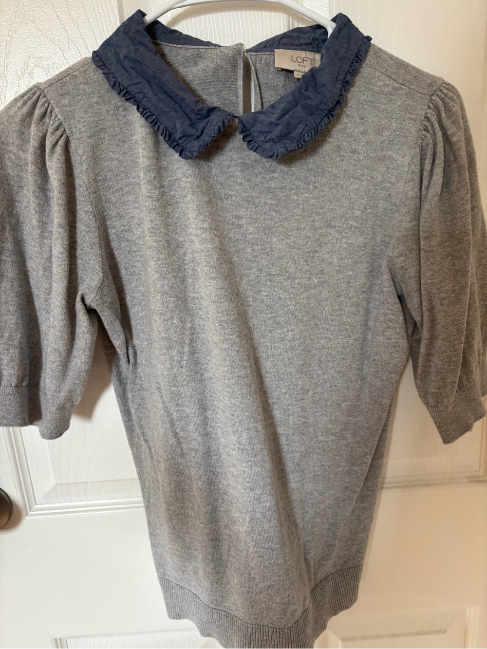 LOFT Gray Knit Top with Navy Ruffle Collar